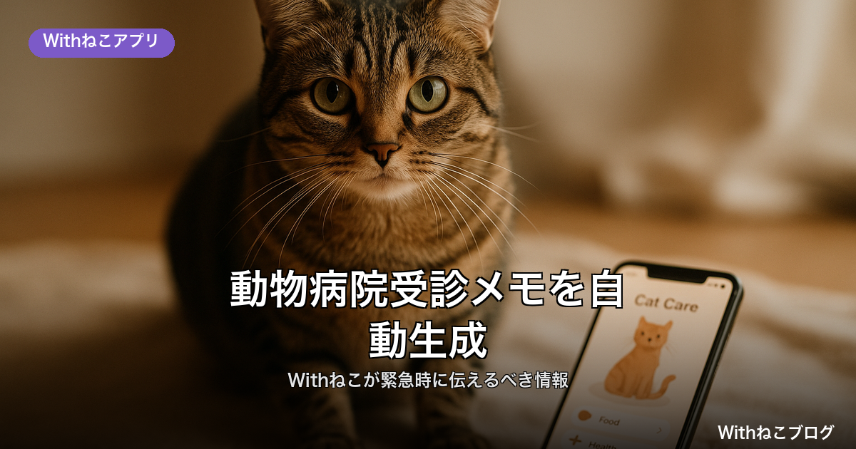 猫の動物病院受診メモをAIで自動生成し、発症時期や既往症・写真を整理して問診を短縮するWithねこアプリの画面